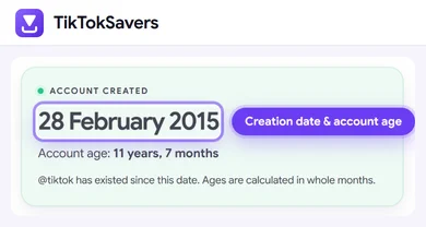 The result for @tiktok: account created 28 February 2015, with its account age in years and months