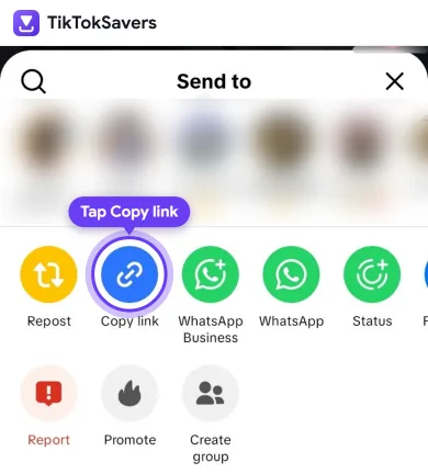 The TikTok Send to menu with Copy link highlighted