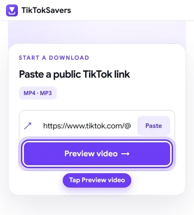 A TikTok link pasted into the TikTokSavers box, with Preview video highlighted