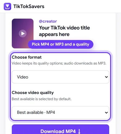 The TikTokSavers preview with the format and quality menus highlighted