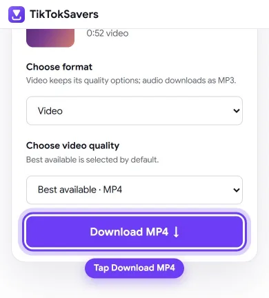 The TikTokSavers format and quality menus with the Download MP4 button highlighted