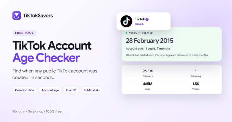 TikTok Account Age Checker showing that @tiktok was created on 28 February 2015, with its account age, user ID and public stats