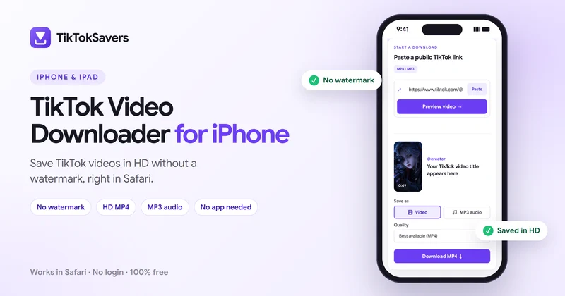 TikTok Video Downloader for iPhone: the TikTokSavers downloader in Safari on an iPhone, with a video preview, Video or MP3 audio, quality and Download MP4