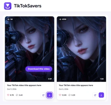 A profile's public video grid with the Download button highlighted on the first video