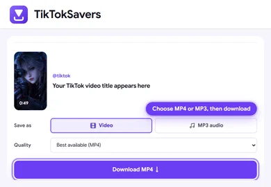 The download preview for the chosen video, with Video or MP3 audio, quality and Download MP4